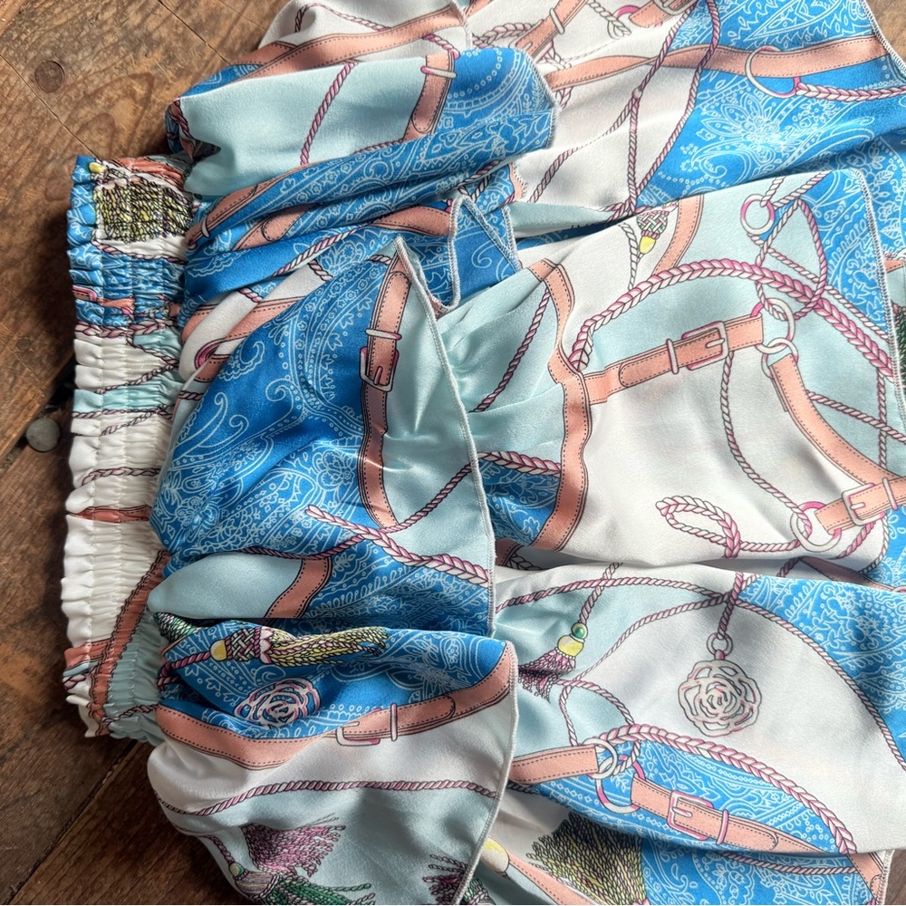 Silky Paisley Equestrian Print Skirt Set in Blue & Cream